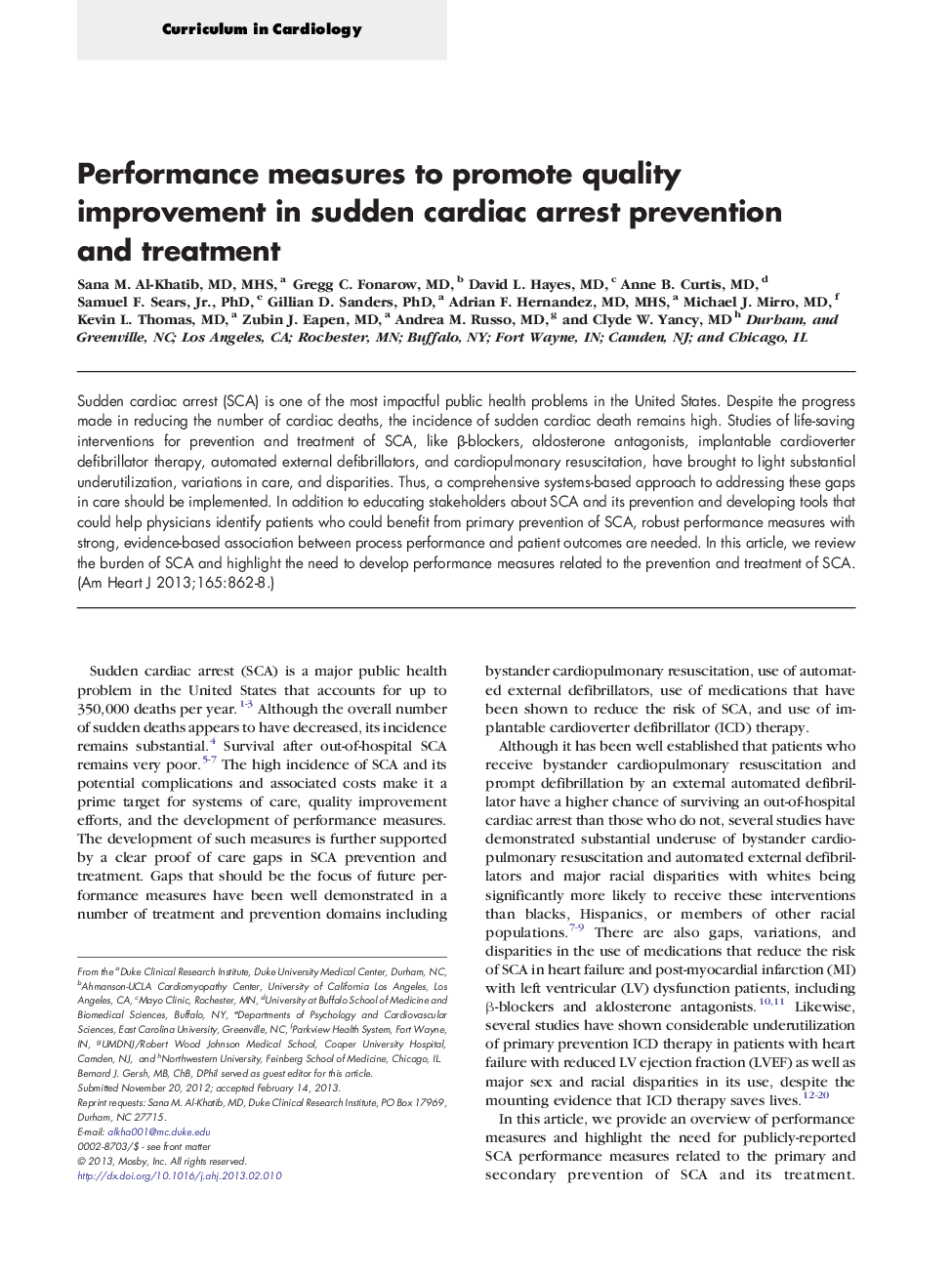 Performance measures to promote quality improvement in sudden cardiac arrest prevention and treatment 