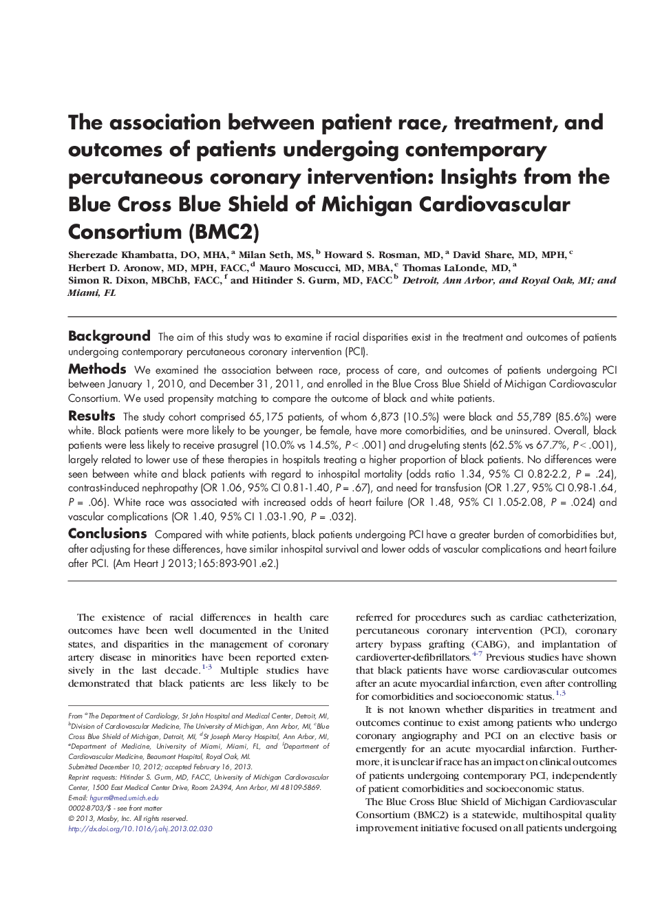 The association between patient race, treatment, and outcomes of patients undergoing contemporary percutaneous coronary intervention: Insights from the Blue Cross Blue Shield of Michigan Cardiovascular Consortium (BMC2)