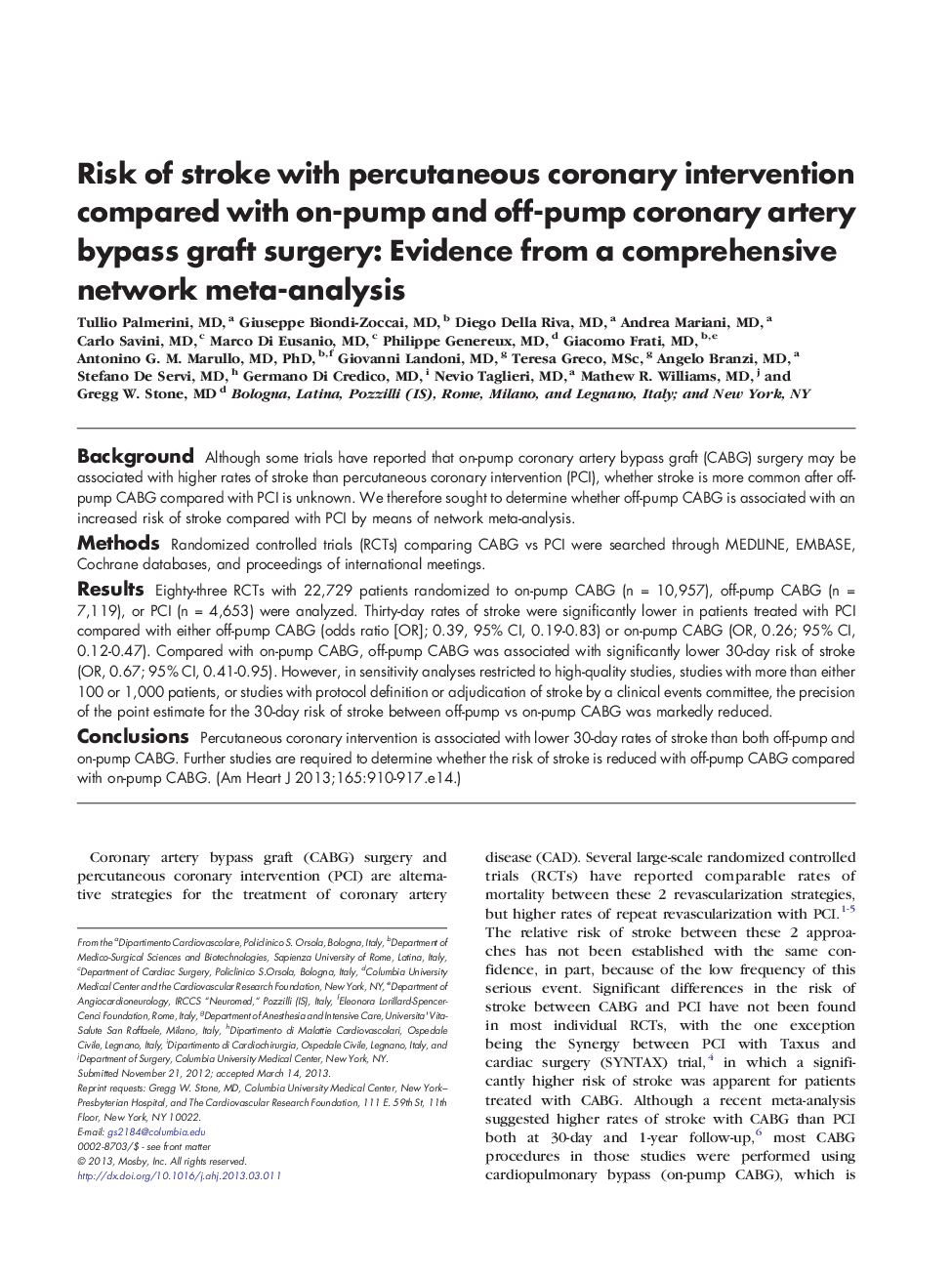 Risk of stroke with percutaneous coronary intervention compared with on-pump and off-pump coronary artery bypass graft surgery: Evidence from a comprehensive network meta-analysis