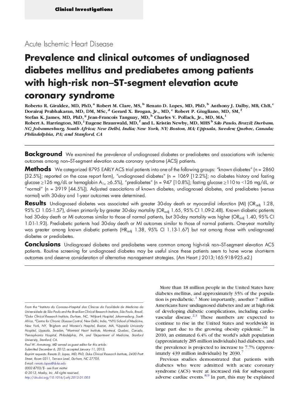Prevalence and clinical outcomes of undiagnosed diabetes mellitus and prediabetes among patients with high-risk non-ST-segment elevation acute coronary syndrome
