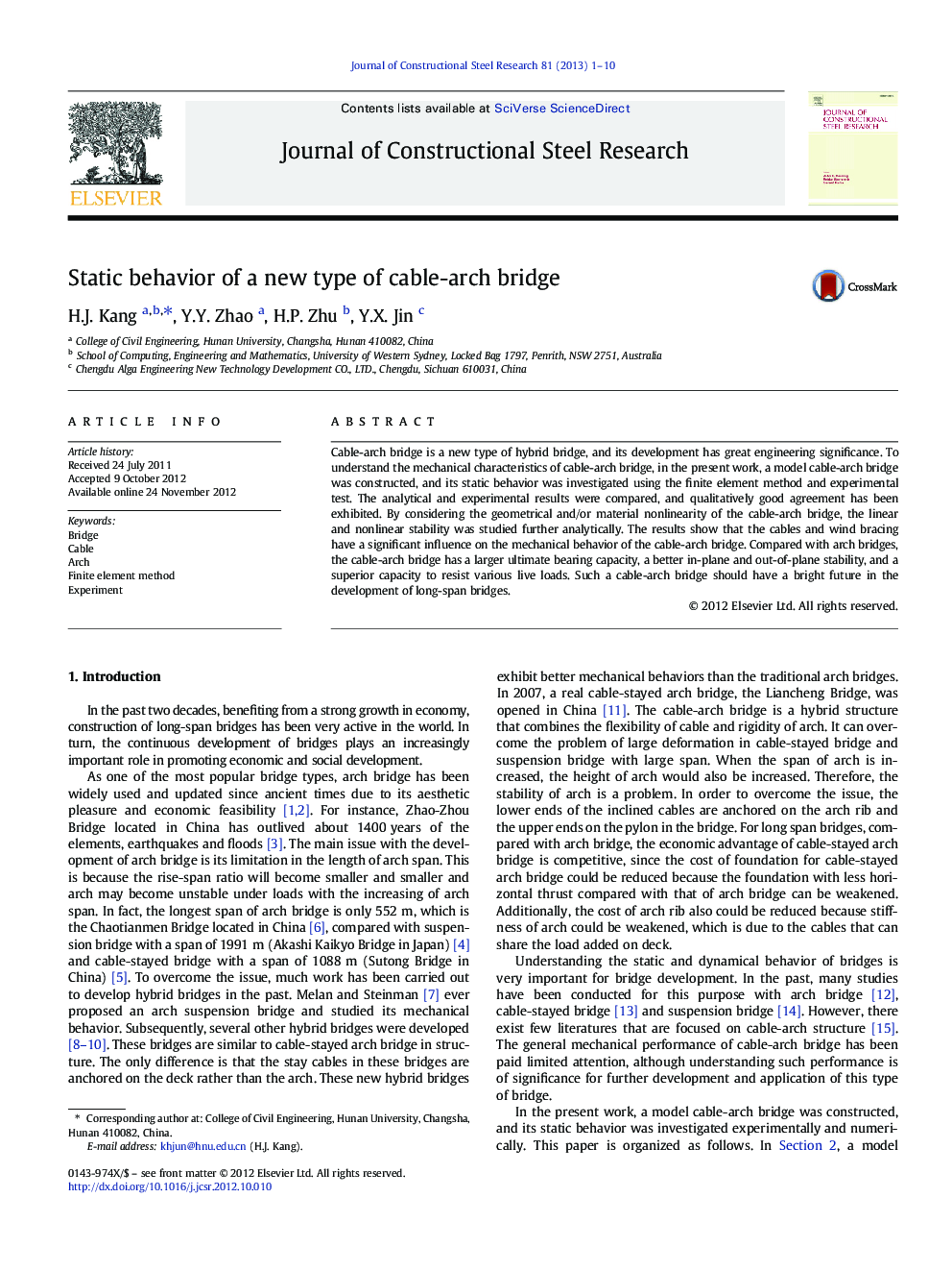 Static behavior of a new type of cable-arch bridge