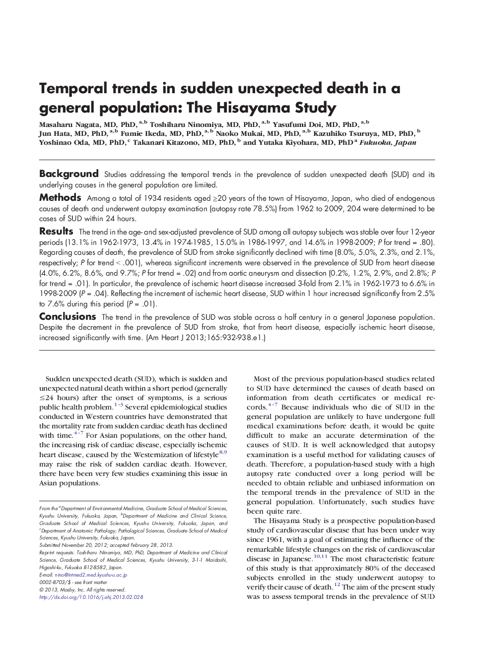 Temporal trends in sudden unexpected death in a general population: The Hisayama Study