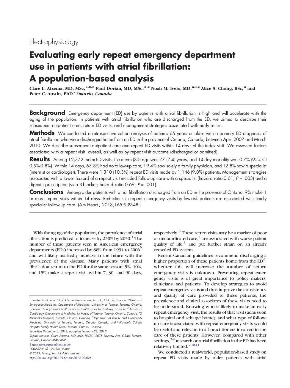 Evaluating early repeat emergency department use in patients with atrial fibrillation: A population-based analysis