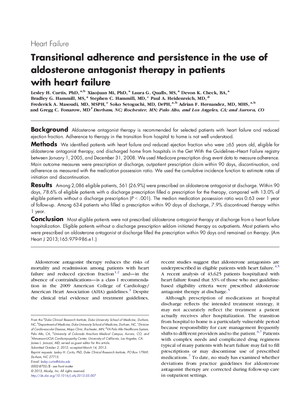 Transitional adherence and persistence in the use of aldosterone antagonist therapy in patients with heart failure