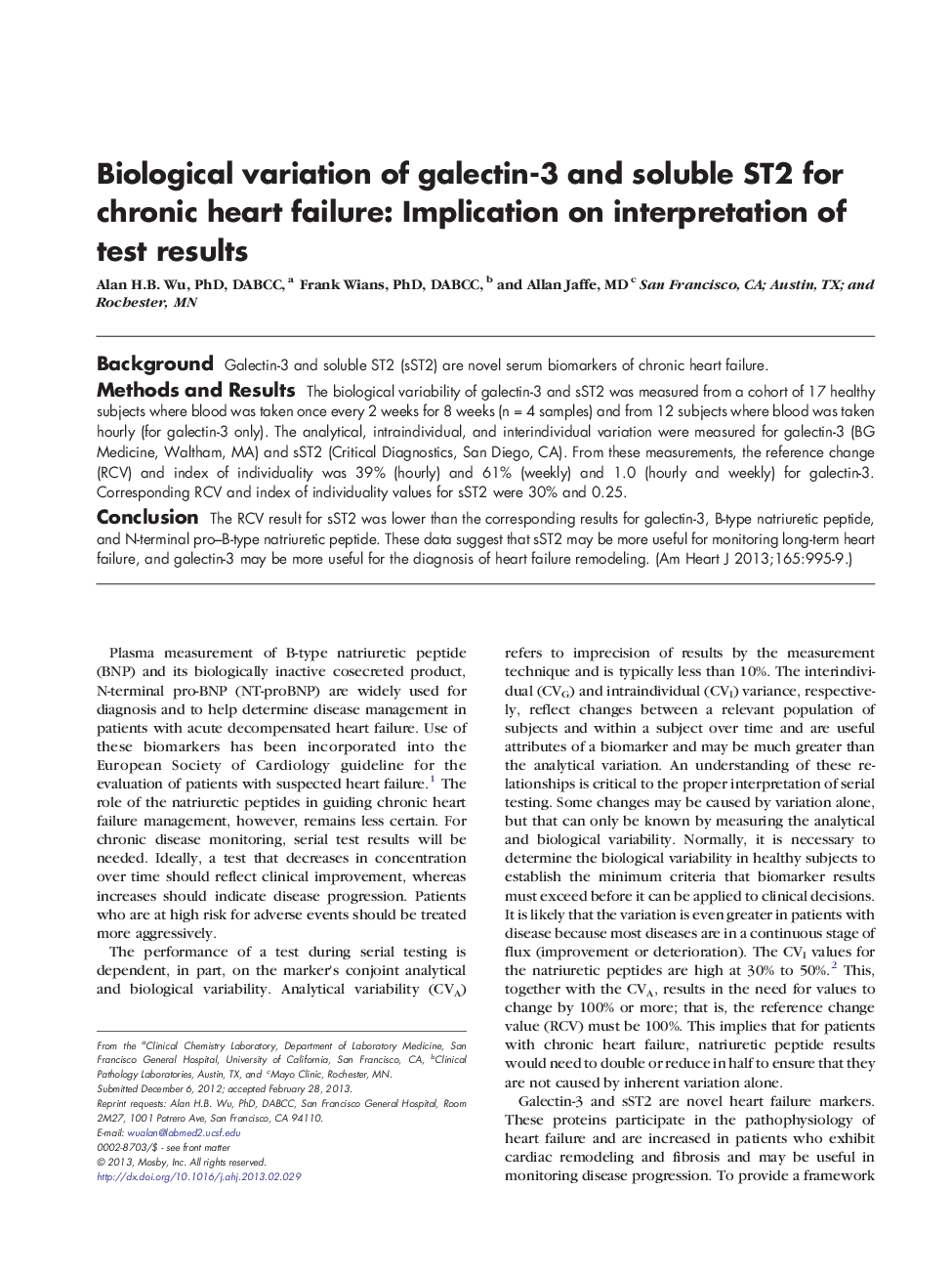 Biological variation of galectin-3 and soluble ST2 for chronic heart failure: Implication on interpretation of test results