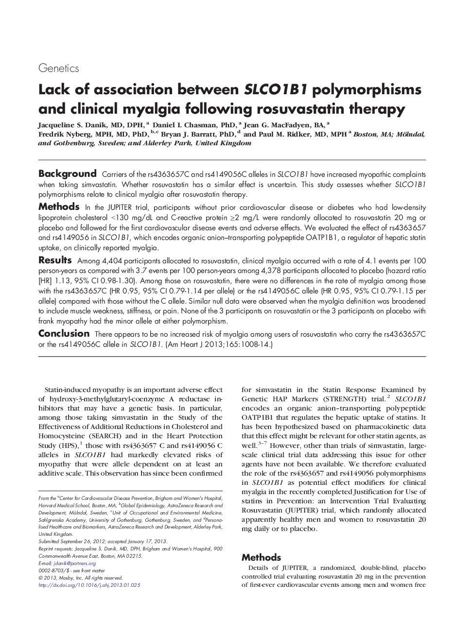 Lack of association between SLCO1B1 polymorphisms and clinical myalgia following rosuvastatin therapy
