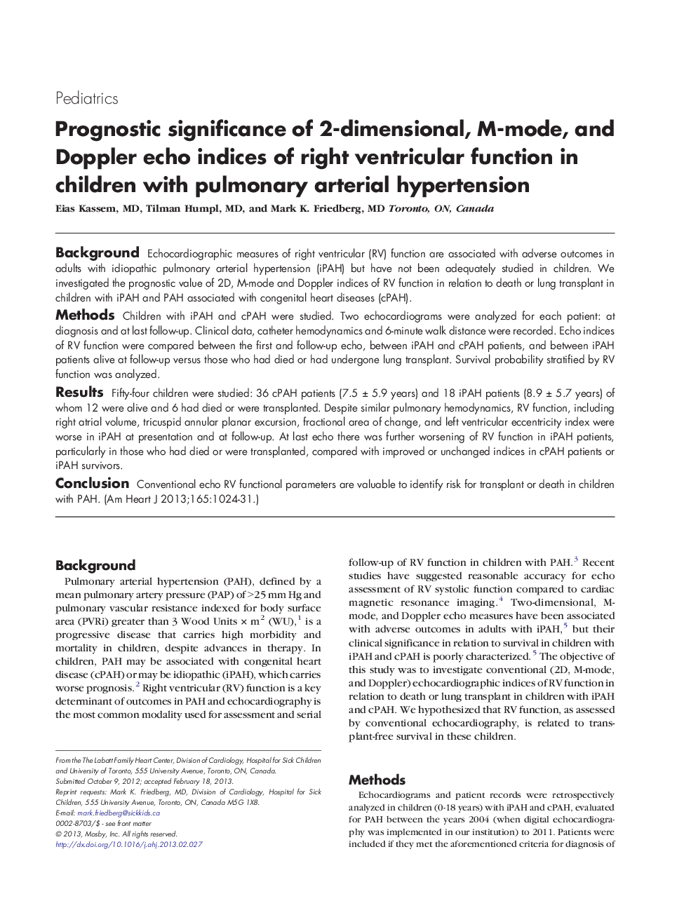 Prognostic significance of 2-dimensional, M-mode, and Doppler echo indices of right ventricular function in children with pulmonary arterial hypertension