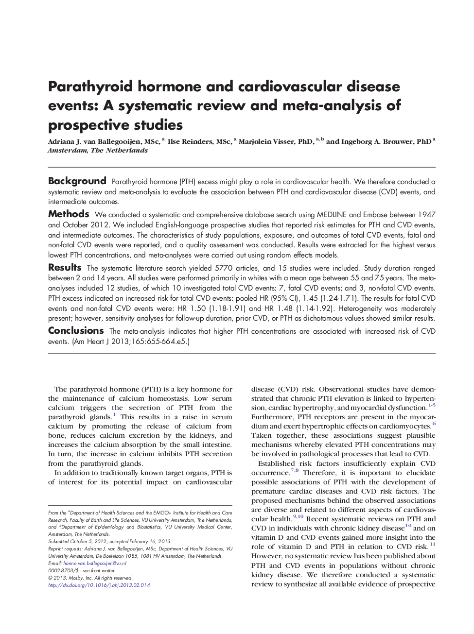 Parathyroid hormone and cardiovascular disease events: A systematic review and meta-analysis of prospective studies