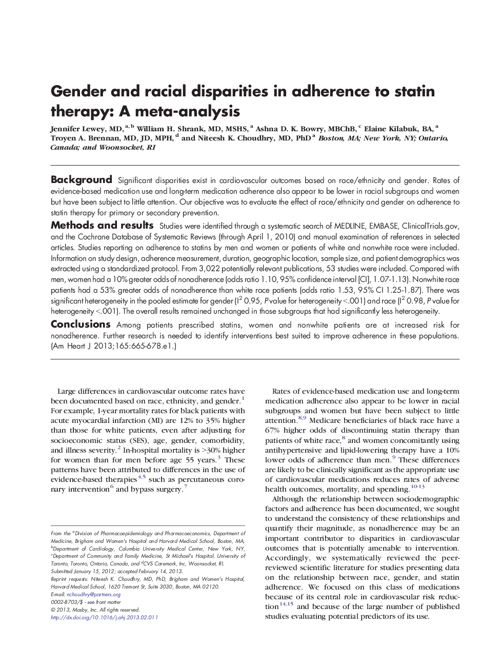 Gender and racial disparities in adherence to statin therapy: A meta-analysis
