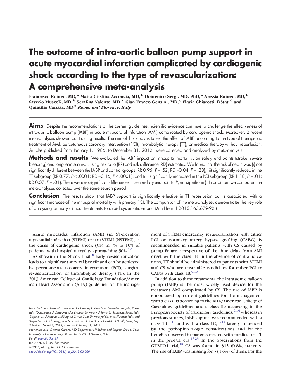 The outcome of intra-aortic balloon pump support in acute myocardial infarction complicated by cardiogenic shock according to the type of revascularization: A comprehensive meta-analysis