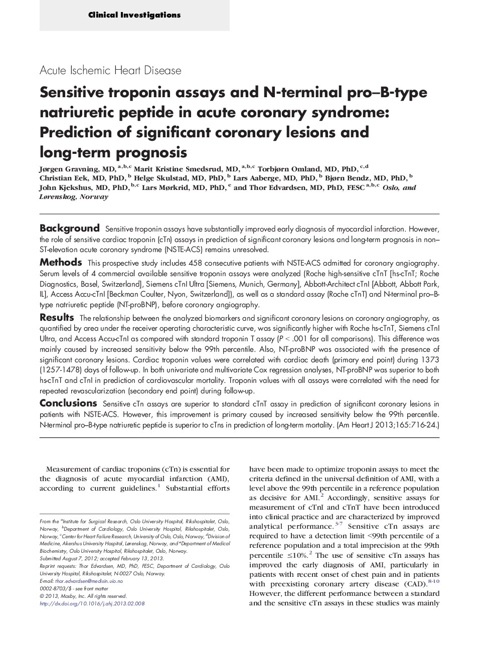 Sensitive troponin assays and N-terminal pro–B-type natriuretic peptide in acute coronary syndrome: Prediction of significant coronary lesions and long-term prognosis