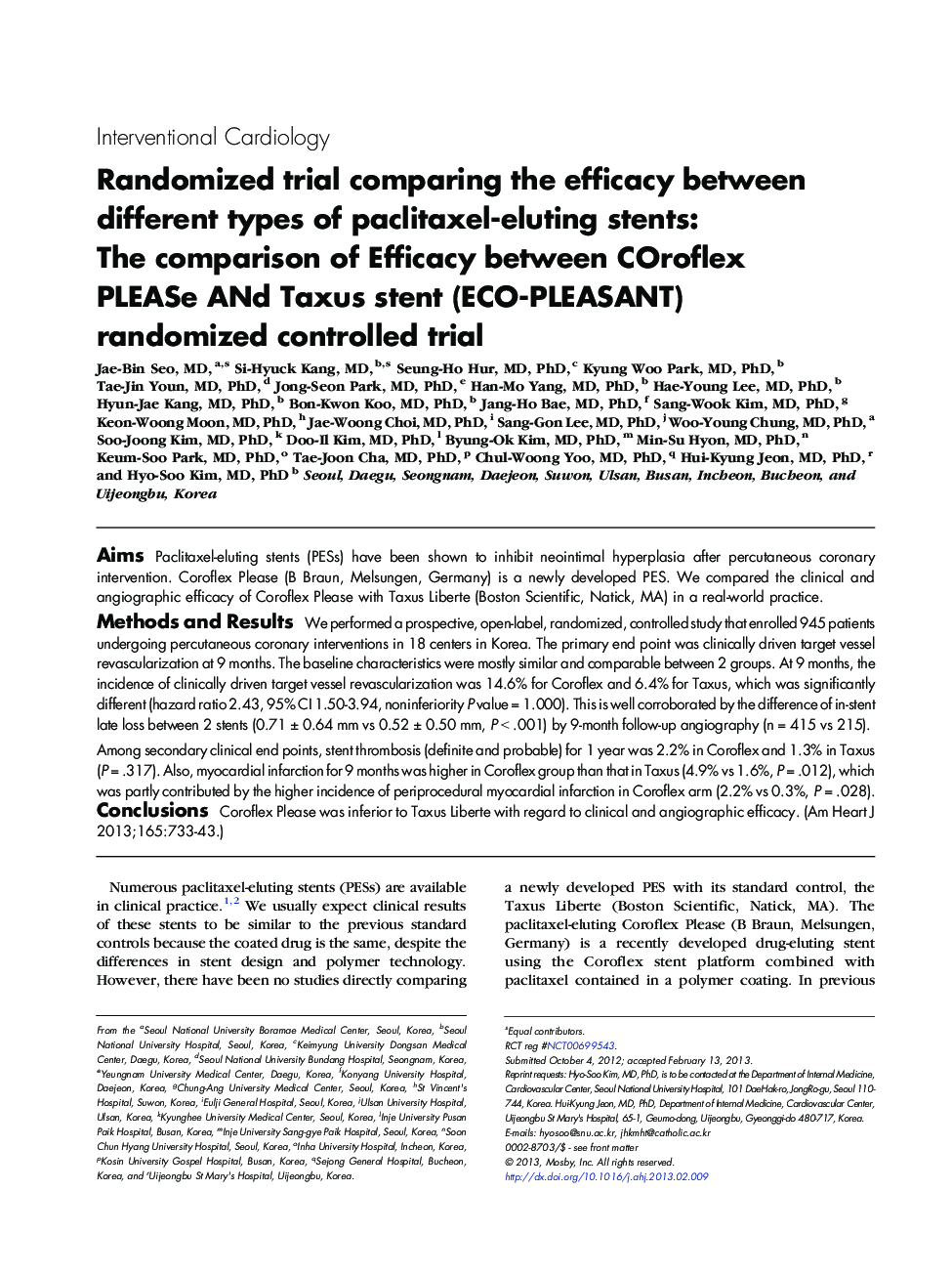 Randomized trial comparing the efficacy between different types of paclitaxel-eluting stents: The comparison of Efficacy between COroflex PLEASe ANd Taxus stent (ECO-PLEASANT) randomized controlled trial 