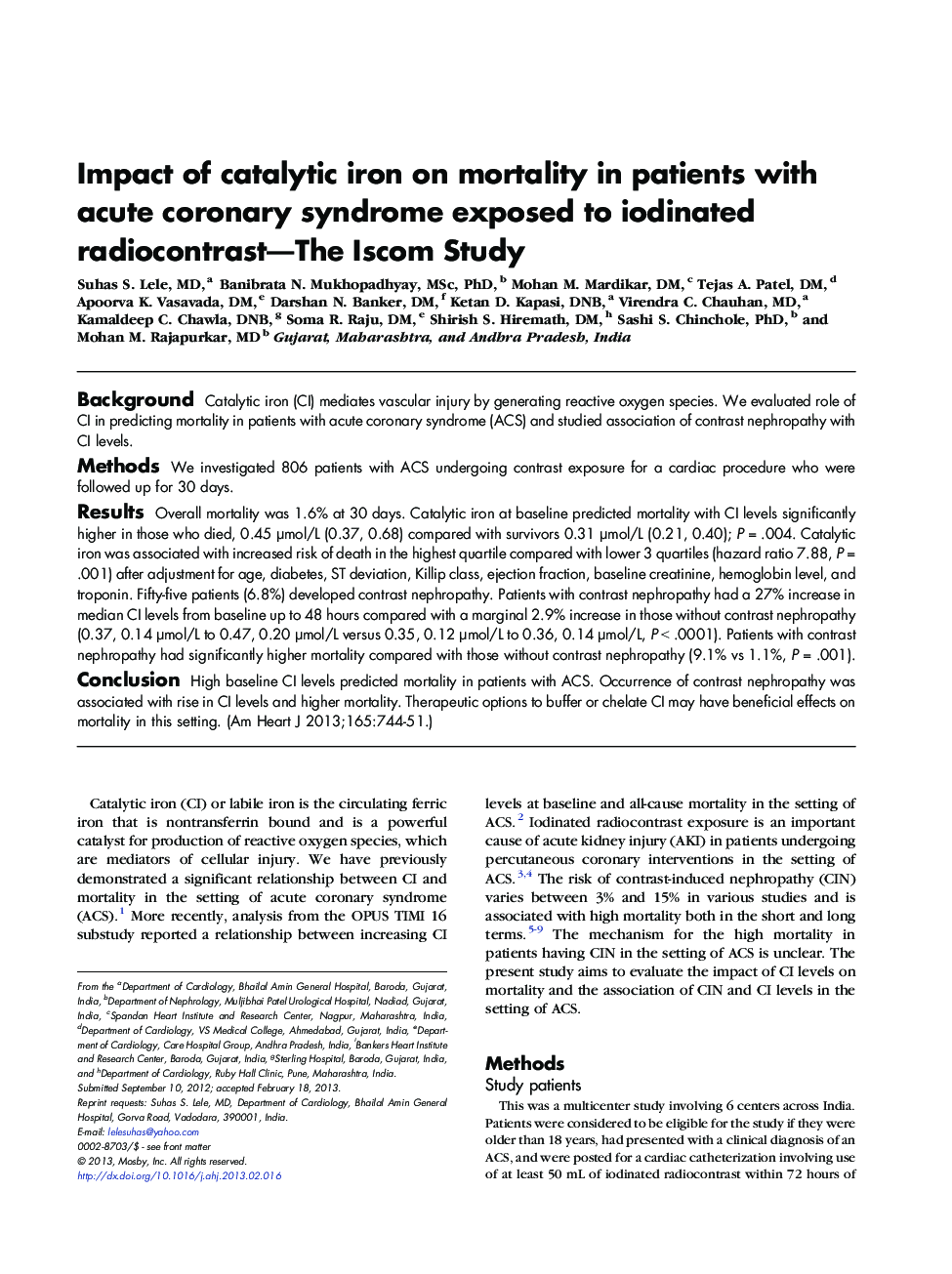 Impact of catalytic iron on mortality in patients with acute coronary syndrome exposed to iodinated radiocontrast—The Iscom Study