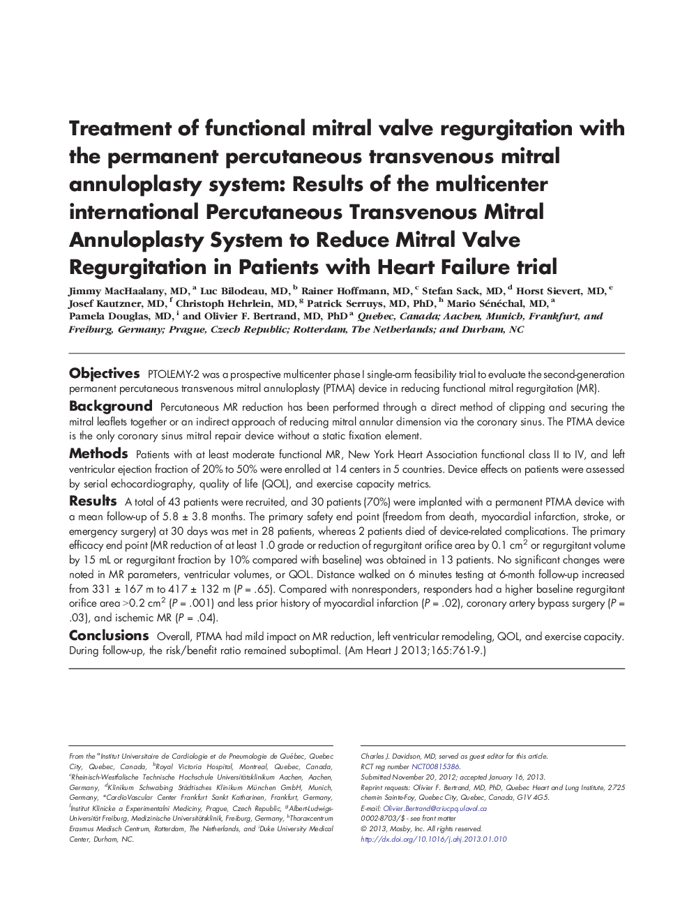 Treatment of functional mitral valve regurgitation with the permanent percutaneous transvenous mitral annuloplasty system: Results of the multicenter international Percutaneous Transvenous Mitral Annuloplasty System to Reduce Mitral Valve Regurgitation in