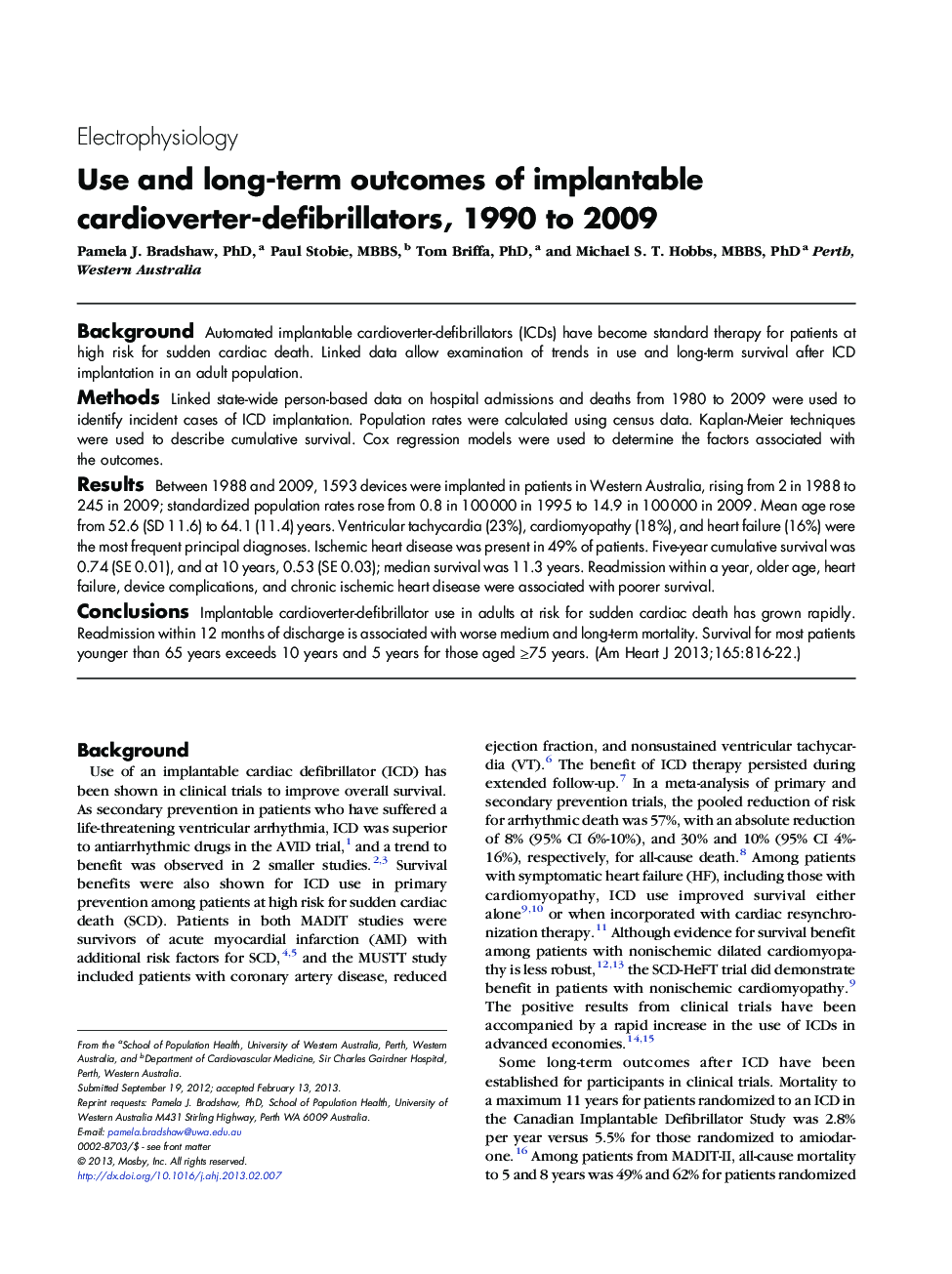 Use and long-term outcomes of implantable cardioverter-defibrillators, 1990 to 2009