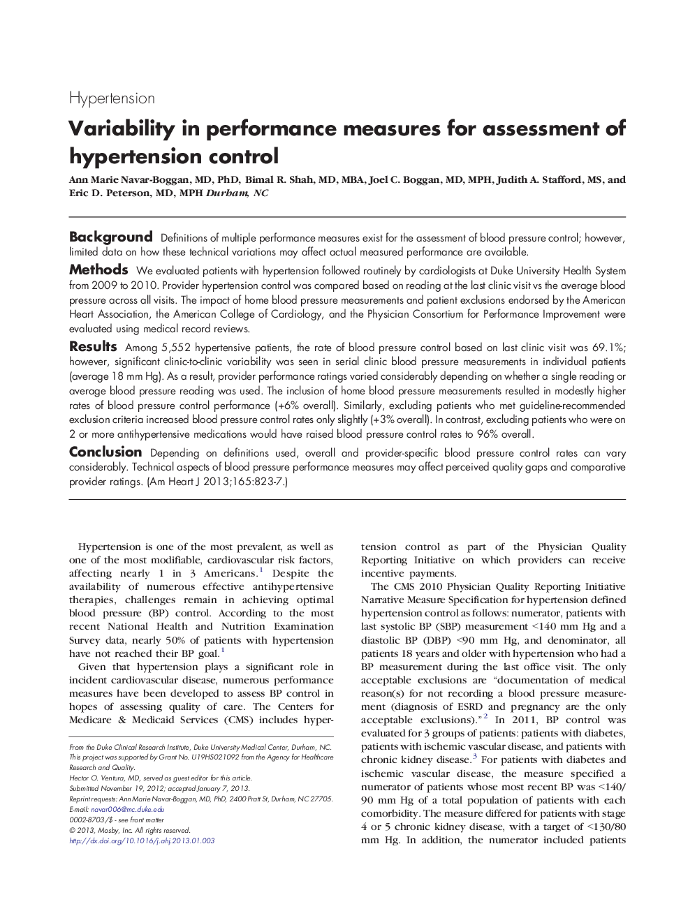 Variability in performance measures for assessment of hypertension control 