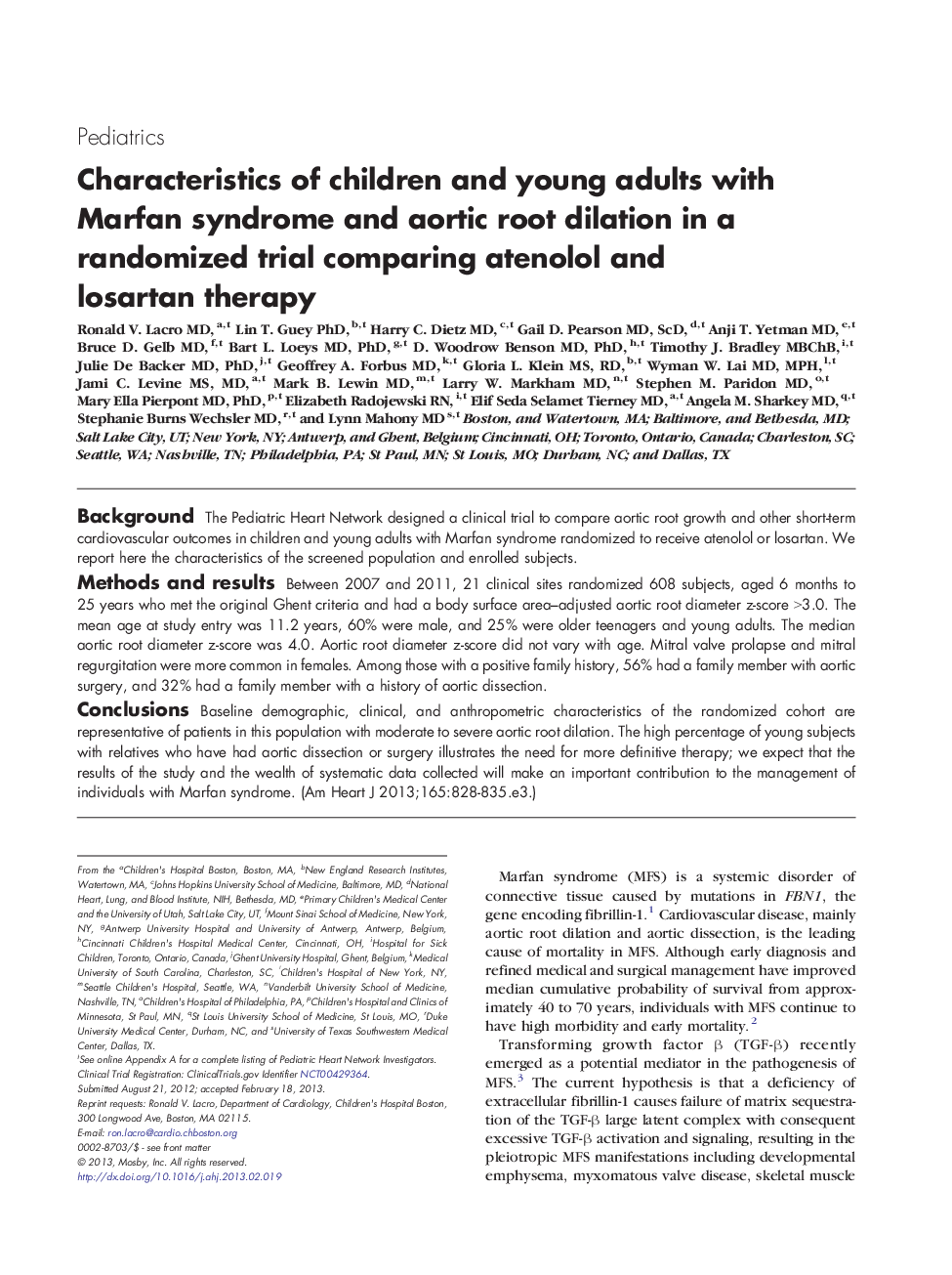 Characteristics of children and young adults with Marfan syndrome and aortic root dilation in a randomized trial comparing atenolol and losartan therapy