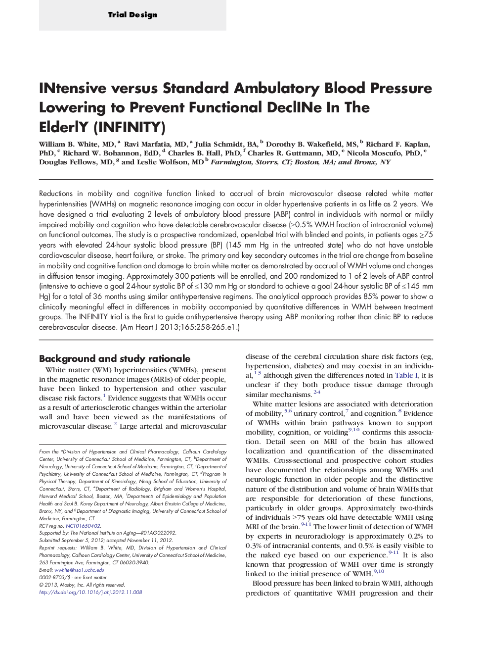 INtensive versus Standard Ambulatory Blood Pressure Lowering to Prevent Functional DeclINe In The ElderlY (INFINITY)
