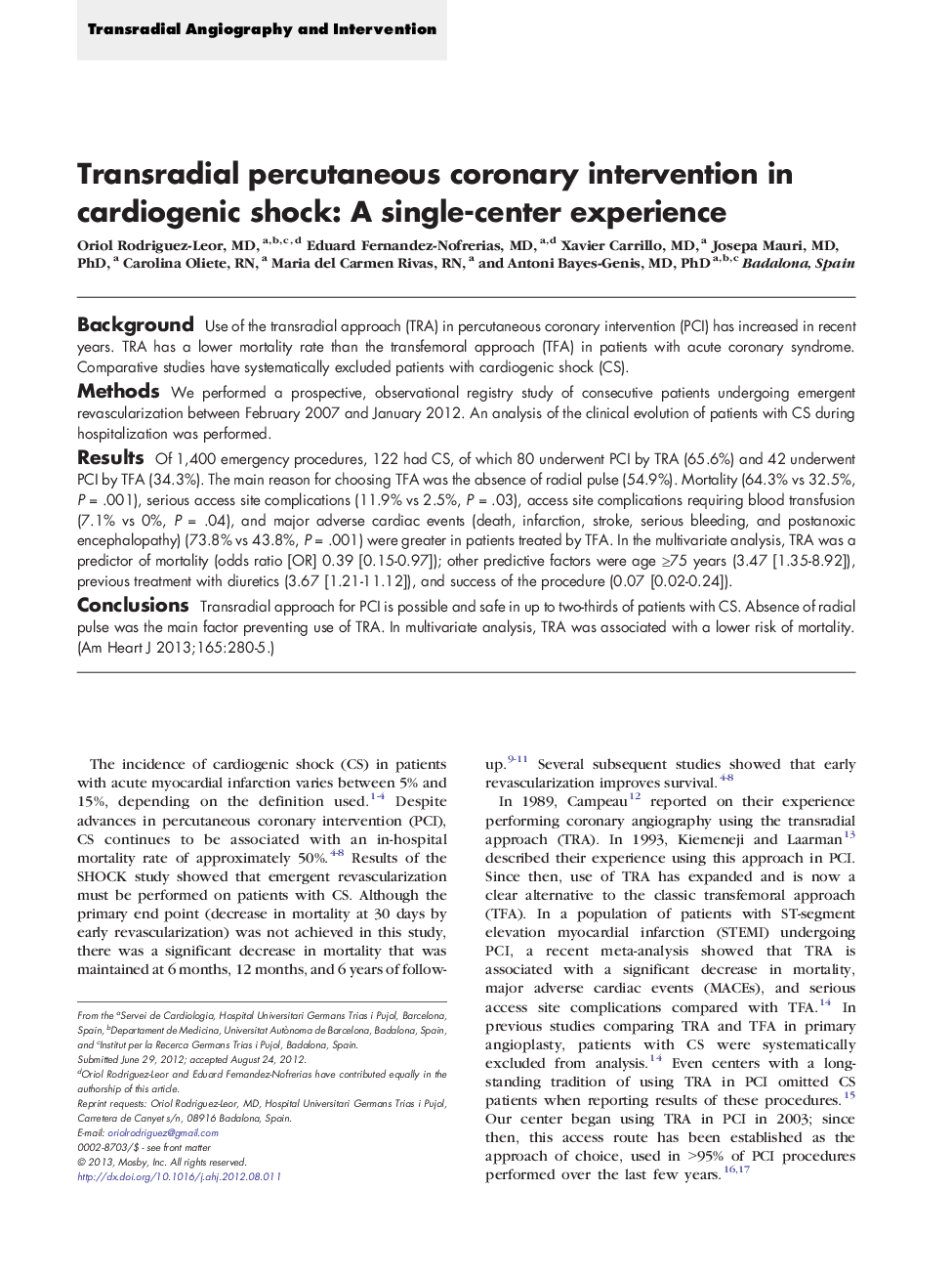 Transradial percutaneous coronary intervention in cardiogenic shock: A single-center experience