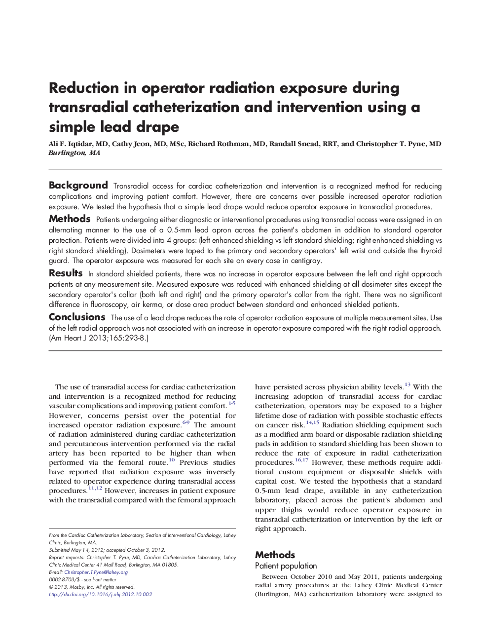 Reduction in operator radiation exposure during transradial catheterization and intervention using a simple lead drape
