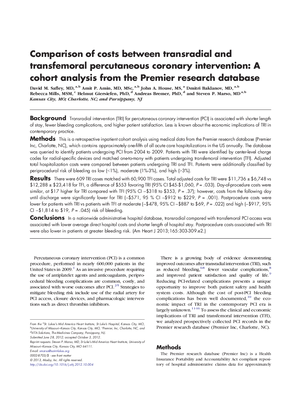 Comparison of costs between transradial and transfemoral percutaneous coronary intervention: A cohort analysis from the Premier research database