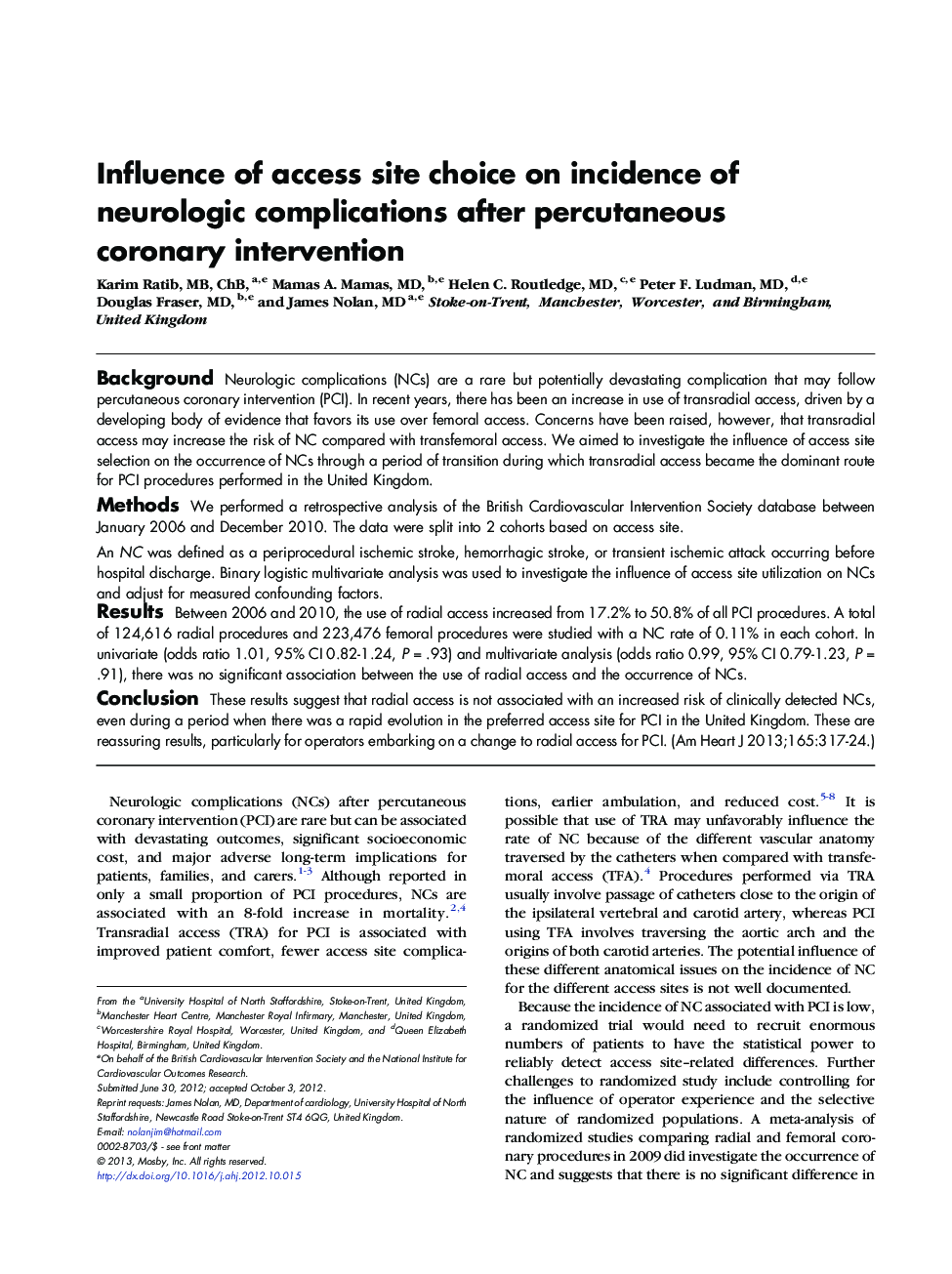 Influence of access site choice on incidence of neurologic complications after percutaneous coronary intervention