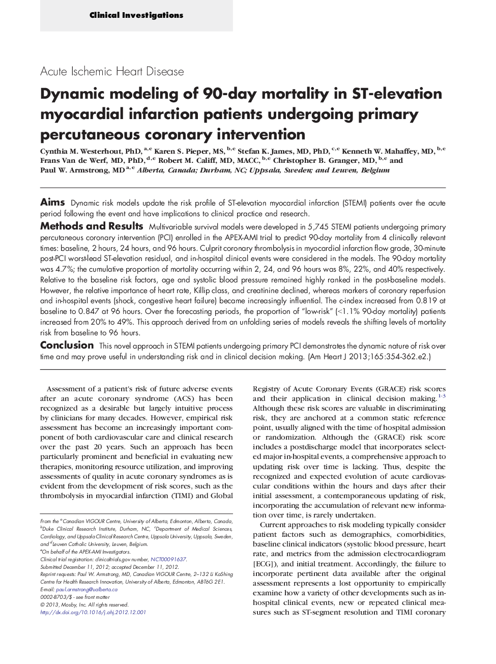 Dynamic modeling of 90-day mortality in ST-elevation myocardial infarction patients undergoing primary percutaneous coronary intervention