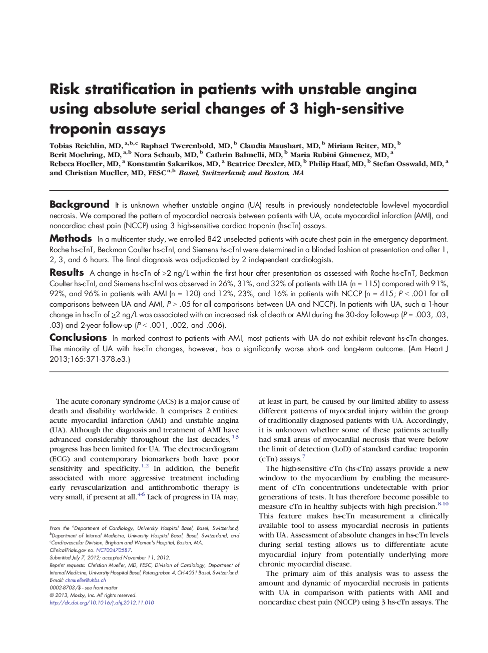 Risk stratification in patients with unstable angina using absolute serial changes of 3 high-sensitive troponin assays