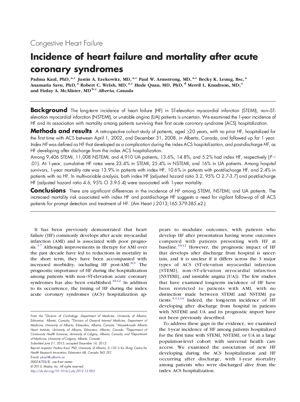 Incidence of heart failure and mortality after acute coronary syndromes