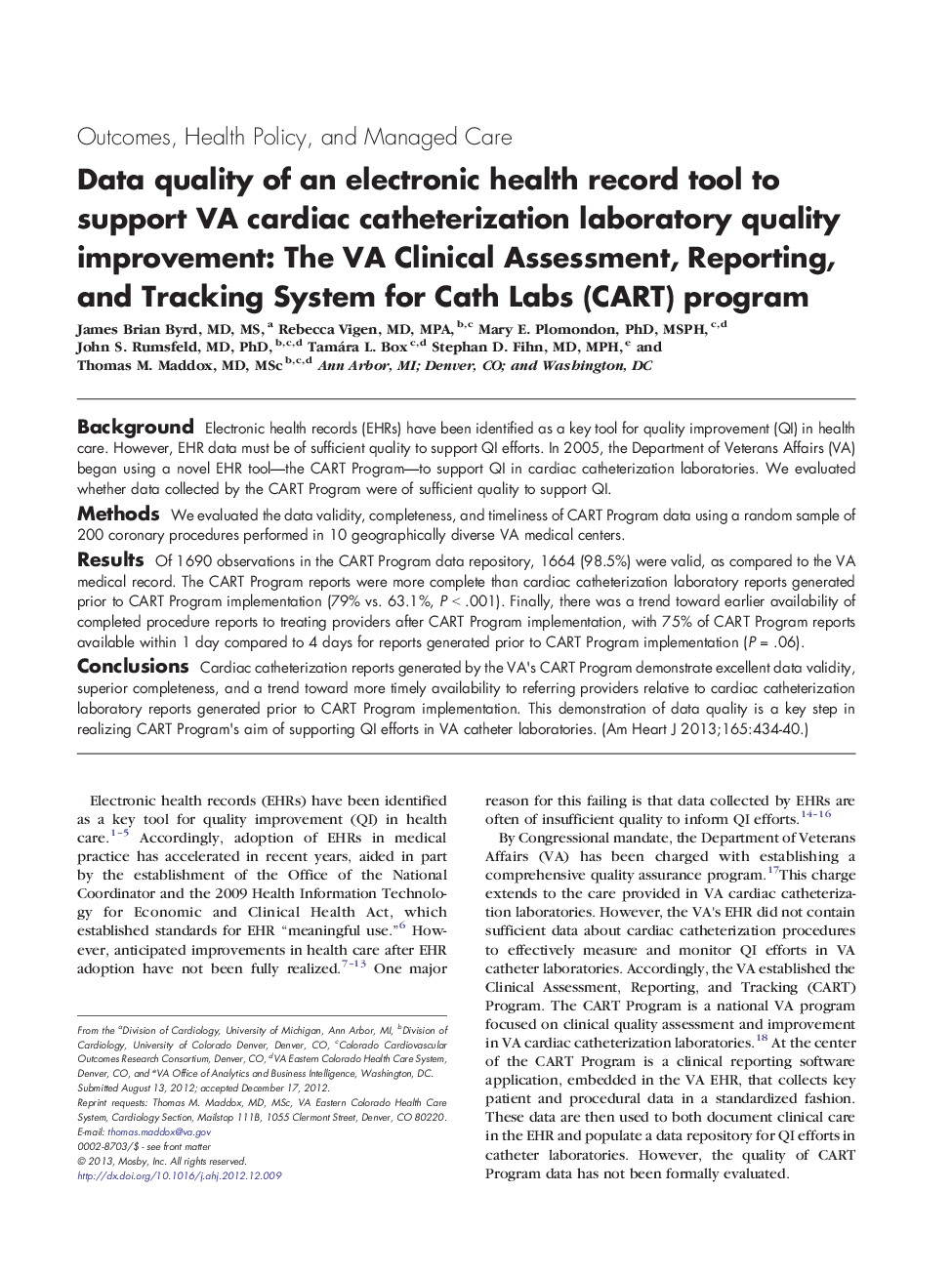 Data quality of an electronic health record tool to support VA cardiac catheterization laboratory quality improvement: The VA Clinical Assessment, Reporting, and Tracking System for Cath Labs (CART) program