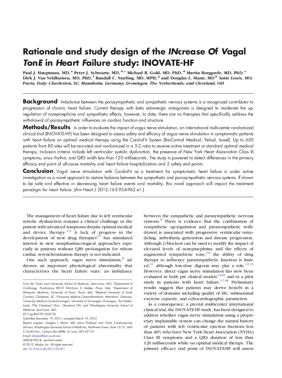 Rationale and study design of the INcrease Of Vagal TonE in Heart Failure study: INOVATE-HF