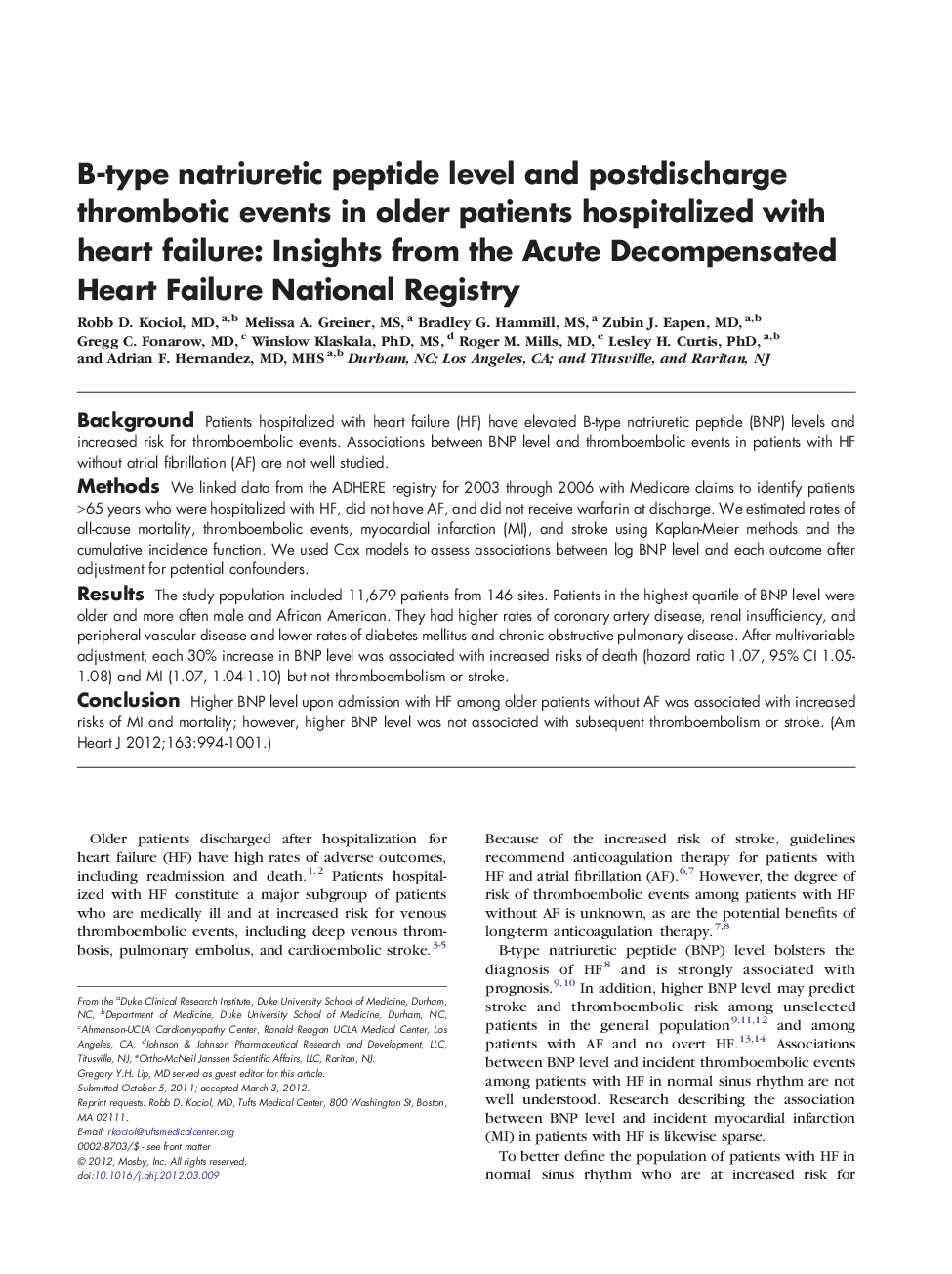 B-type natriuretic peptide level and postdischarge thrombotic events in older patients hospitalized with heart failure: Insights from the Acute Decompensated Heart Failure National Registry 