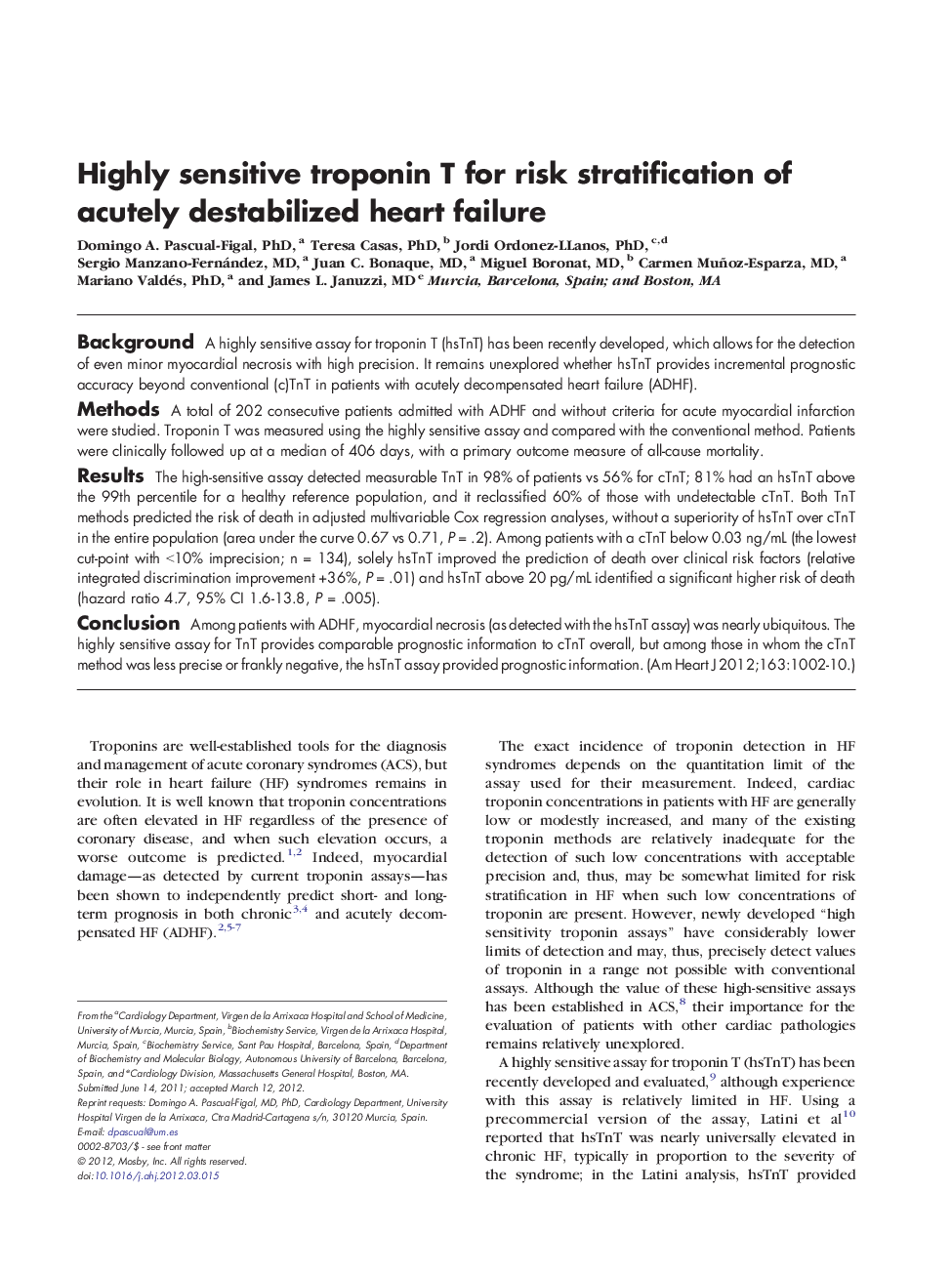 Highly sensitive troponin T for risk stratification of acutely destabilized heart failure