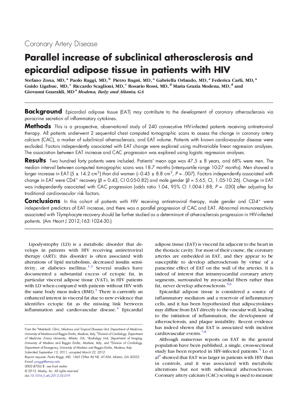 Parallel increase of subclinical atherosclerosis and epicardial adipose tissue in patients with HIV