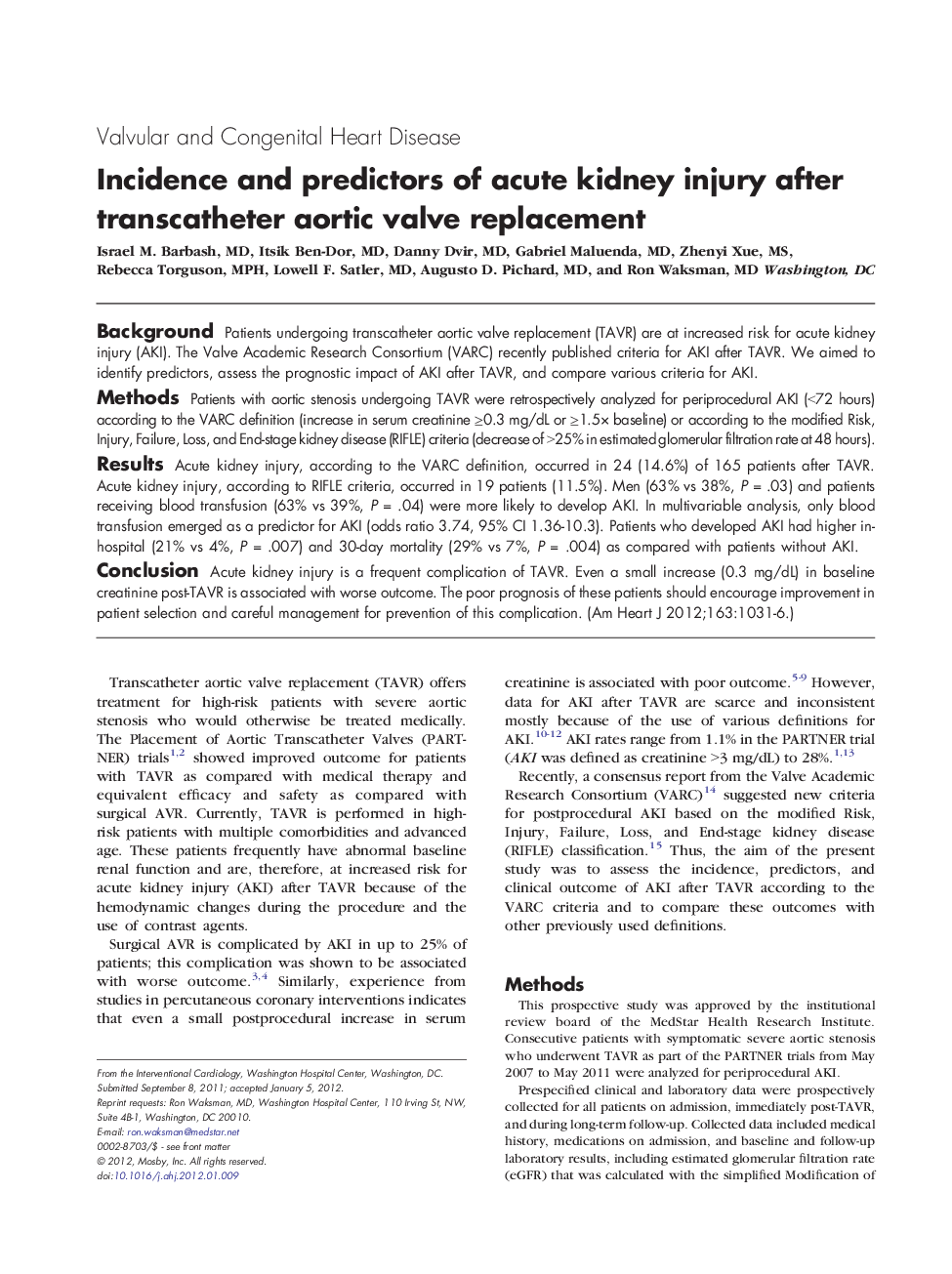 Incidence and predictors of acute kidney injury after transcatheter aortic valve replacement