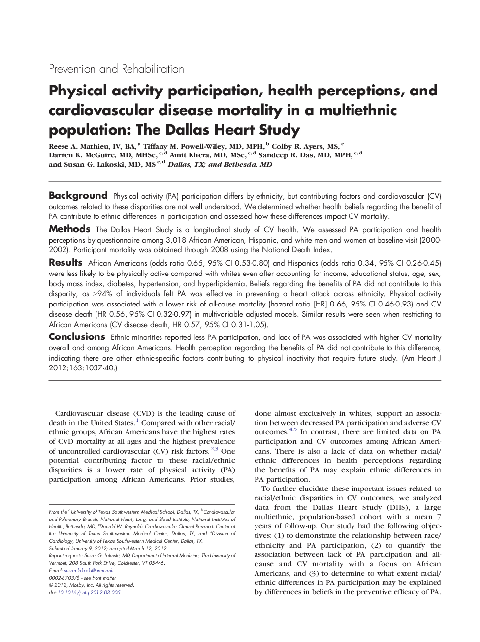 Physical activity participation, health perceptions, and cardiovascular disease mortality in a multiethnic population: The Dallas Heart Study