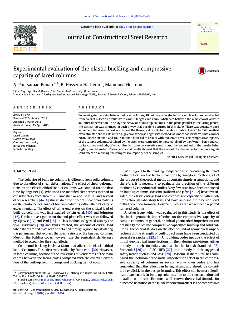 Experimental evaluation of the elastic buckling and compressive capacity of laced columns