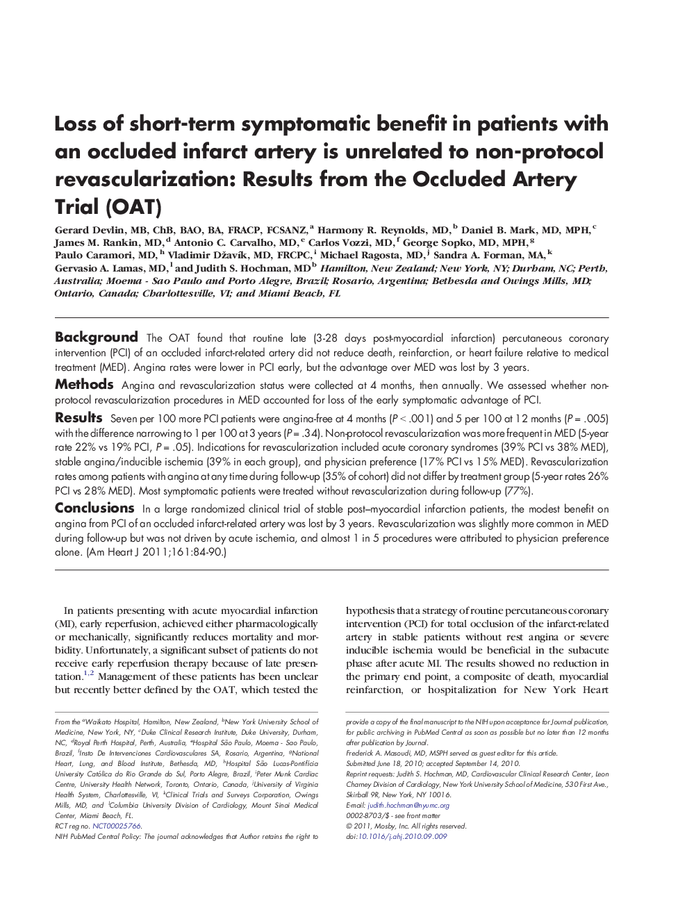 Loss of short-term symptomatic benefit in patients with an occluded infarct artery is unrelated to non-protocol revascularization: Results from the Occluded Artery Trial (OAT) 