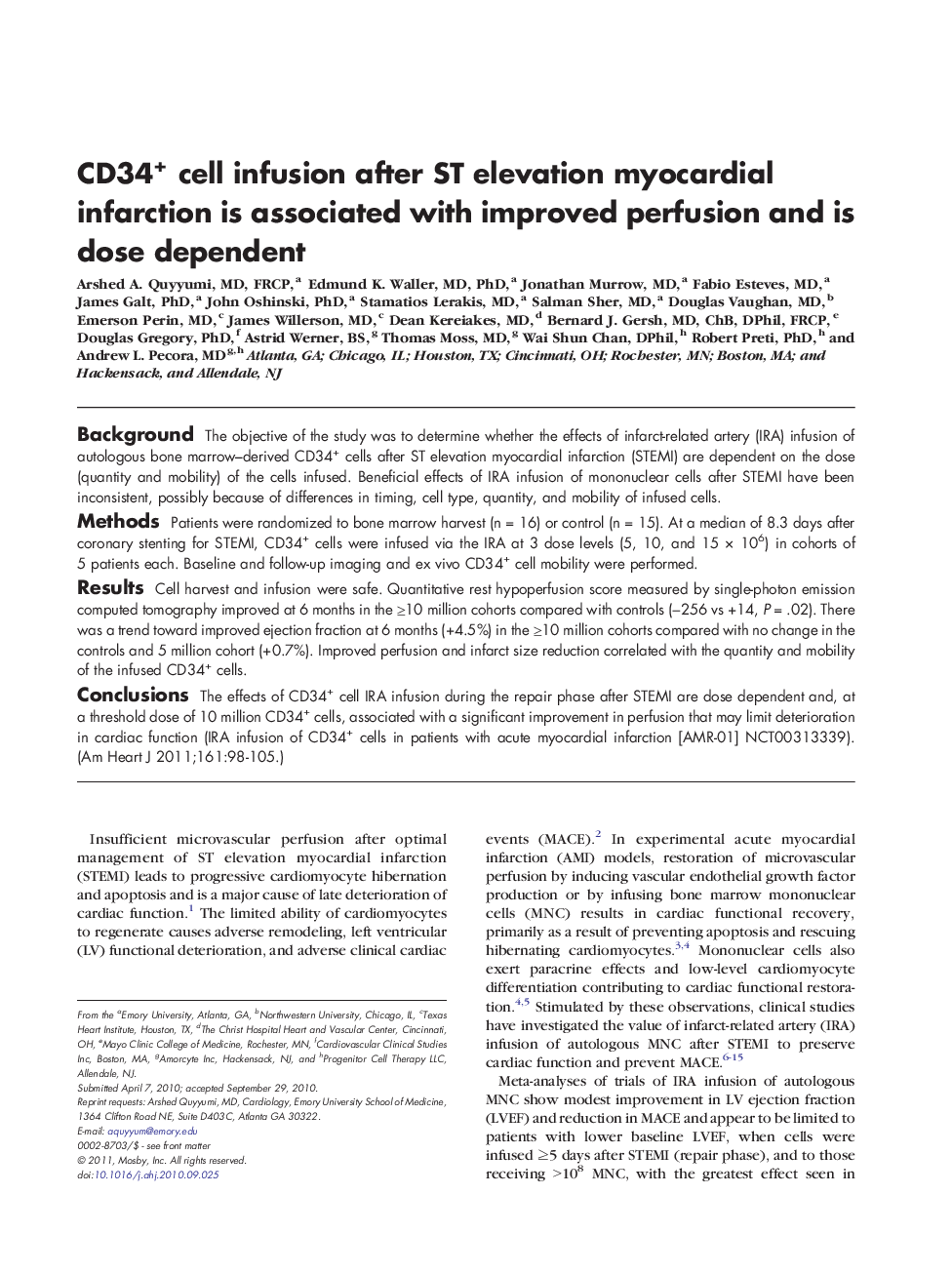 CD34+ cell infusion after ST elevation myocardial infarction is associated with improved perfusion and is dose dependent