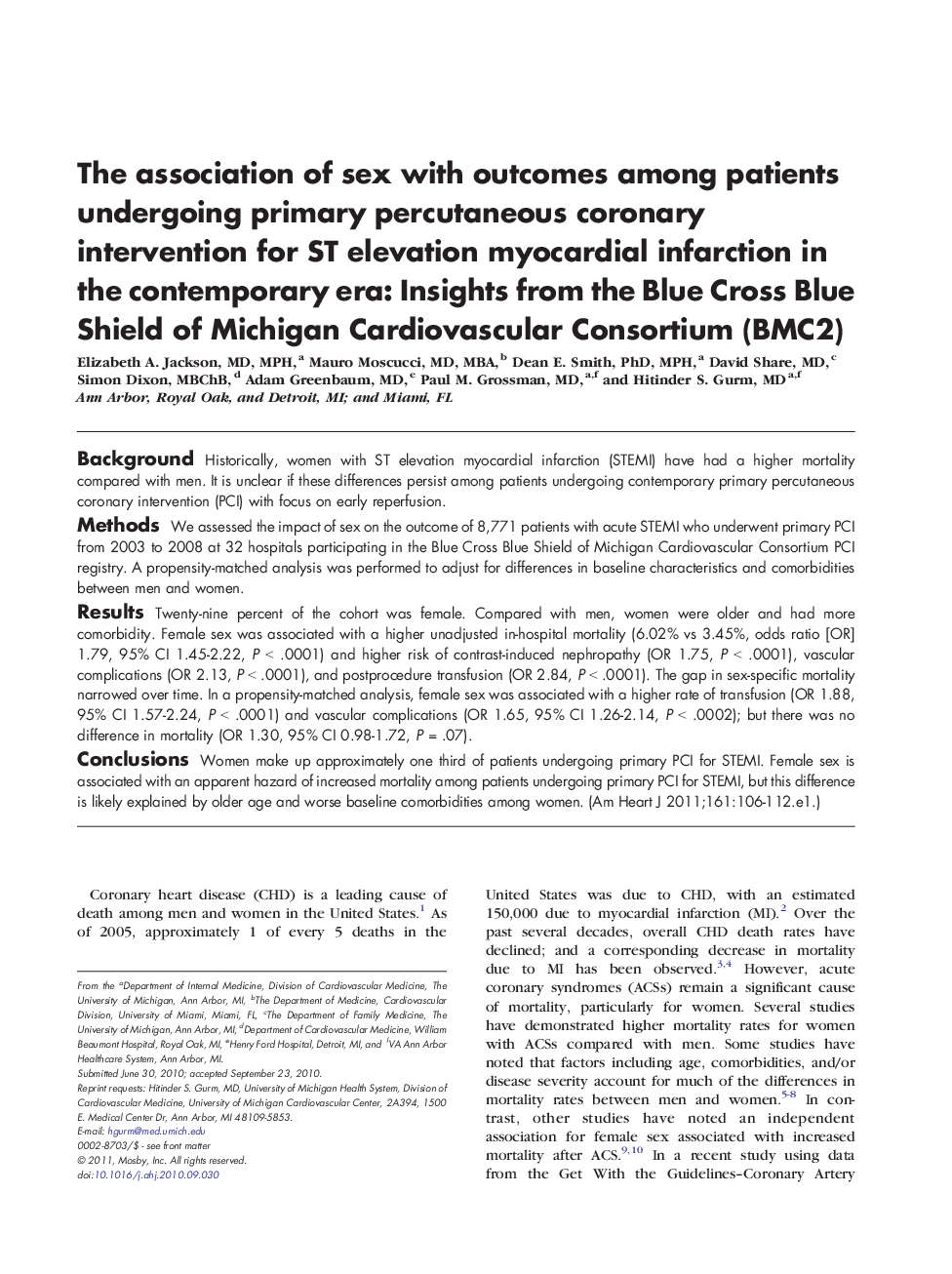 The association of sex with outcomes among patients undergoing primary percutaneous coronary intervention for ST elevation myocardial infarction in the contemporary era: Insights from the Blue Cross Blue Shield of Michigan Cardiovascular Consortium (BMC2)