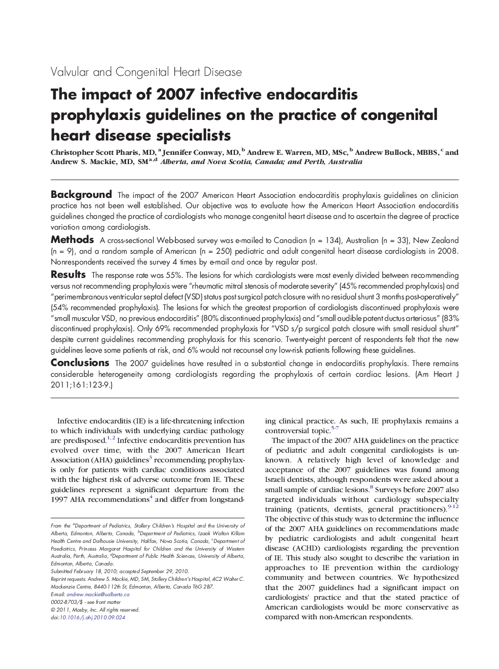 The impact of 2007 infective endocarditis prophylaxis guidelines on the practice of congenital heart disease specialists