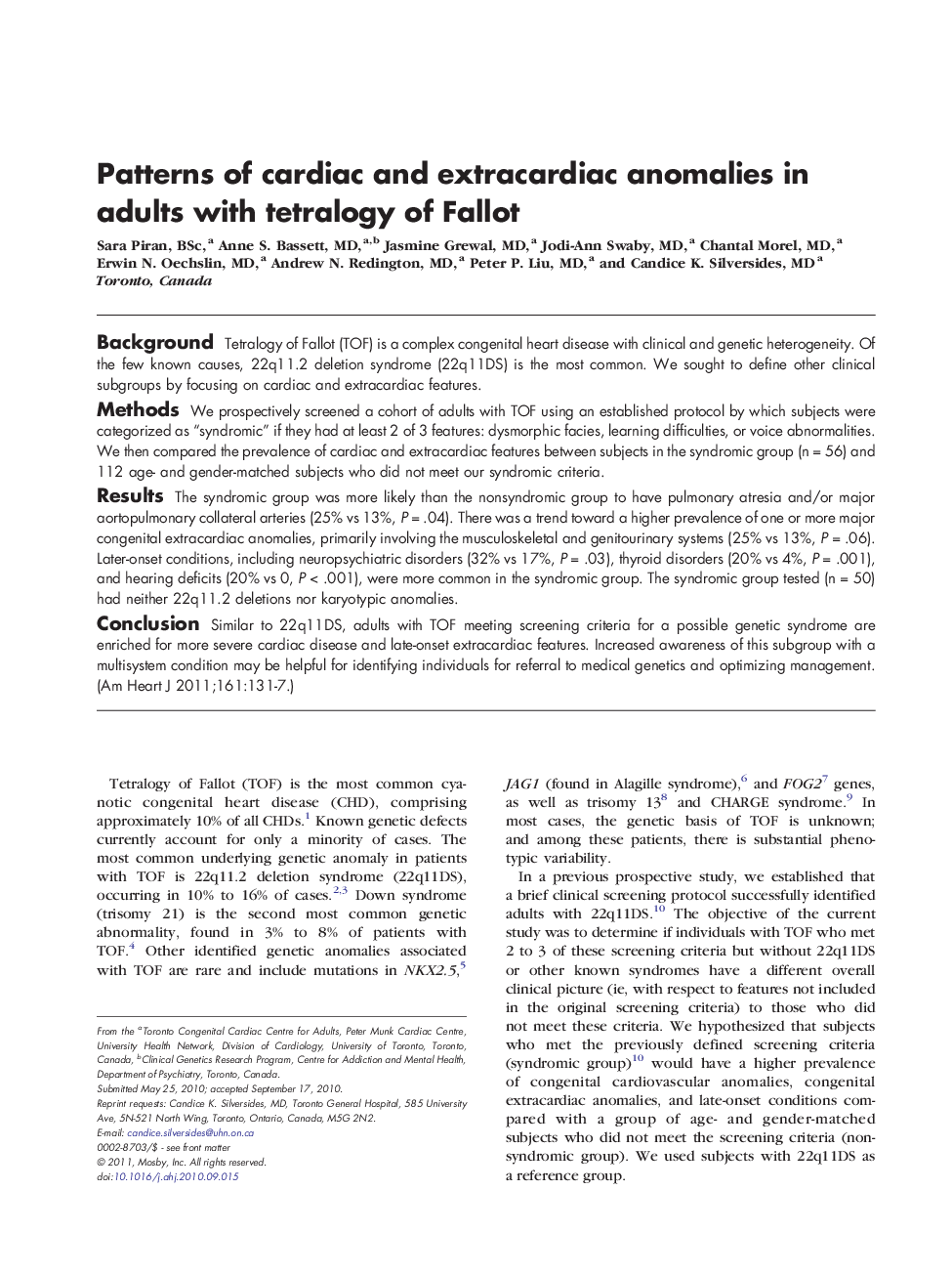 Patterns of cardiac and extracardiac anomalies in adults with tetralogy of Fallot