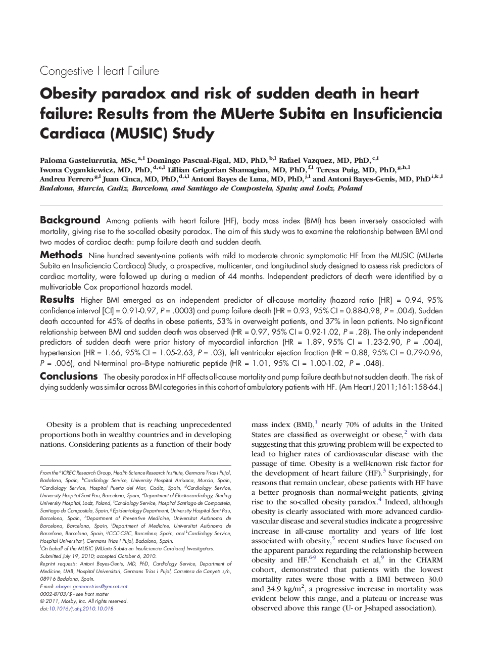Obesity paradox and risk of sudden death in heart failure: Results from the MUerte Subita en Insuficiencia Cardiaca (MUSIC) Study