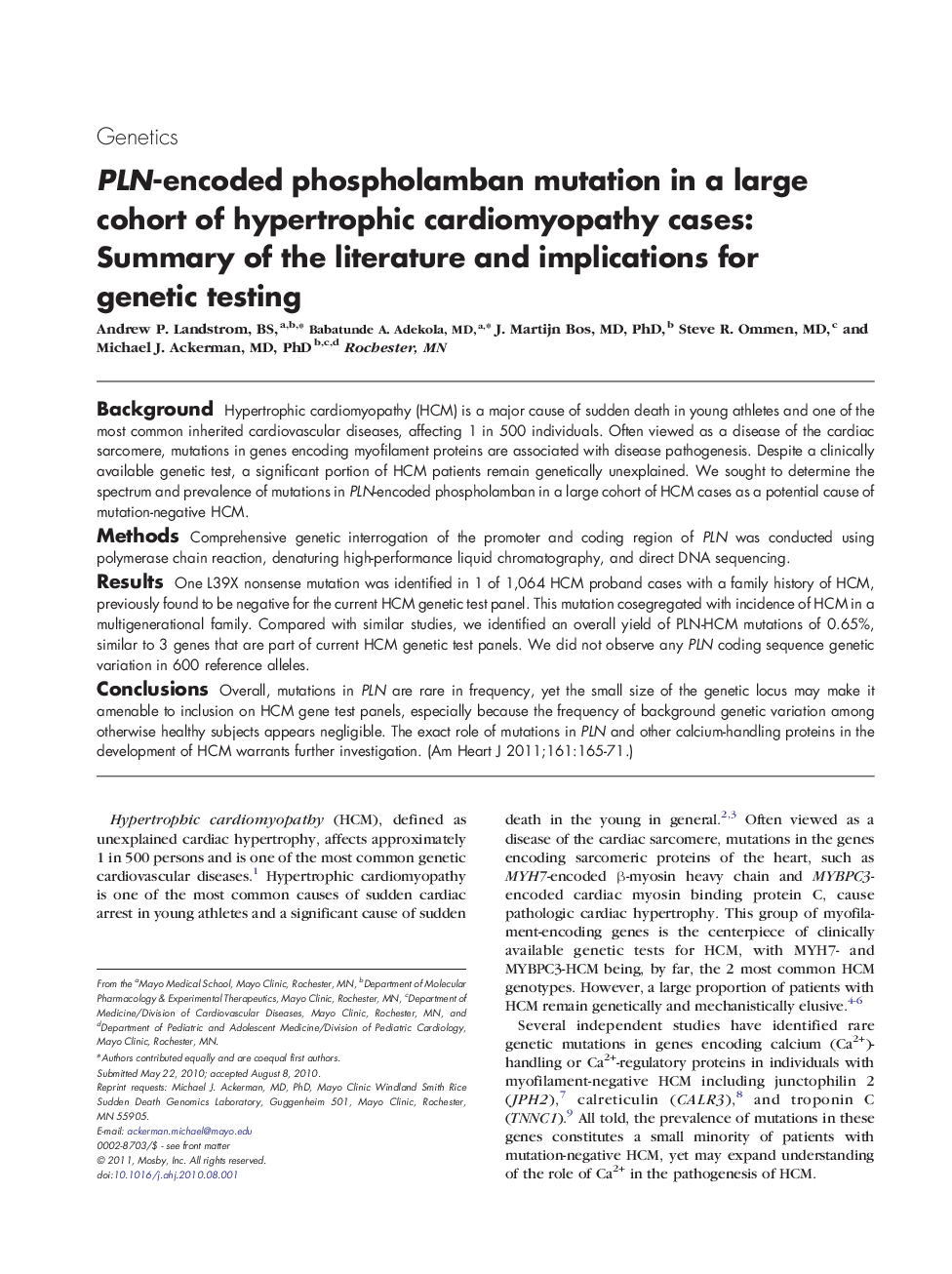 PLN-encoded phospholamban mutation in a large cohort of hypertrophic cardiomyopathy cases: Summary of the literature and implications for genetic testing