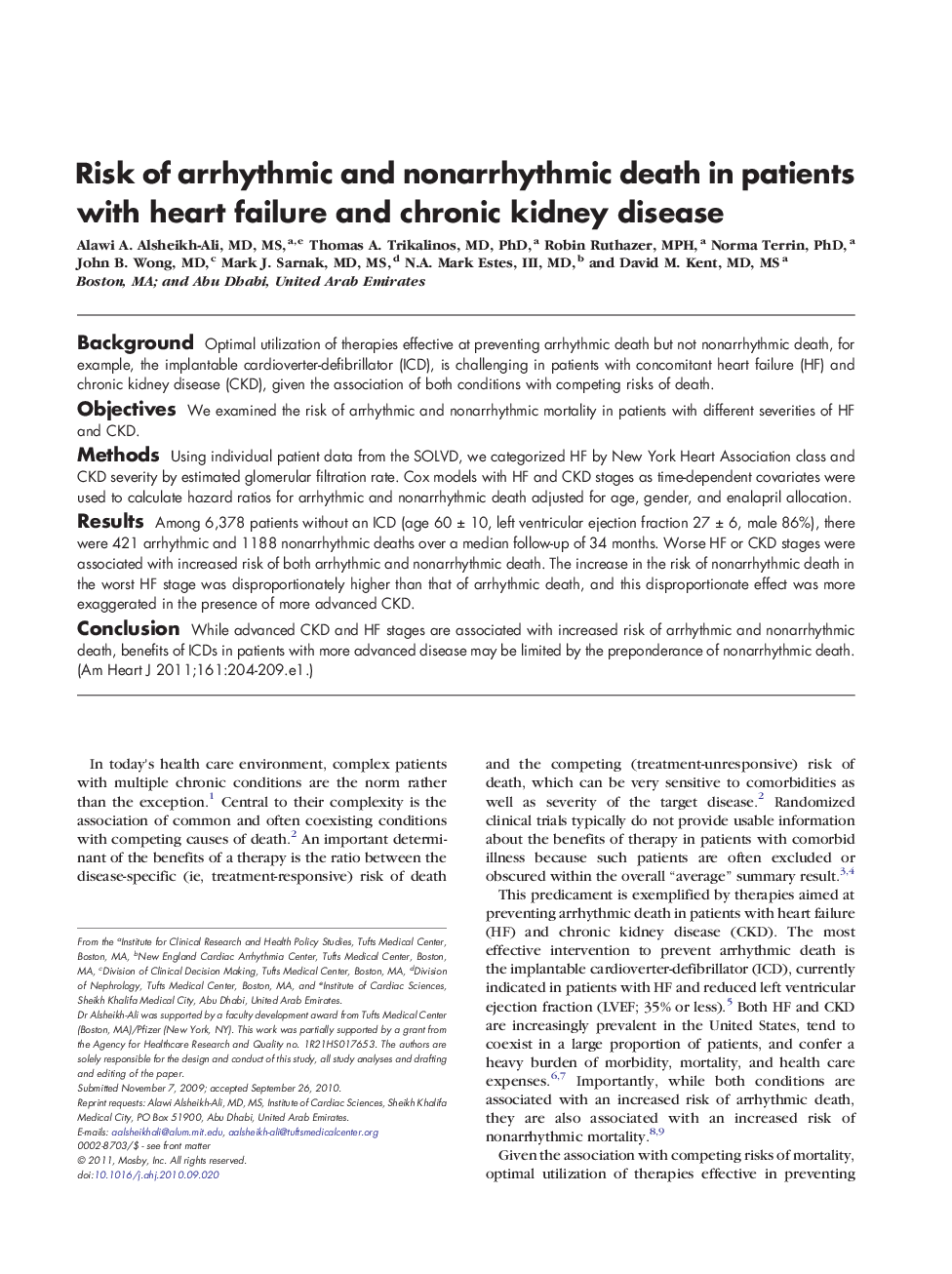 Risk of arrhythmic and nonarrhythmic death in patients with heart failure and chronic kidney disease
