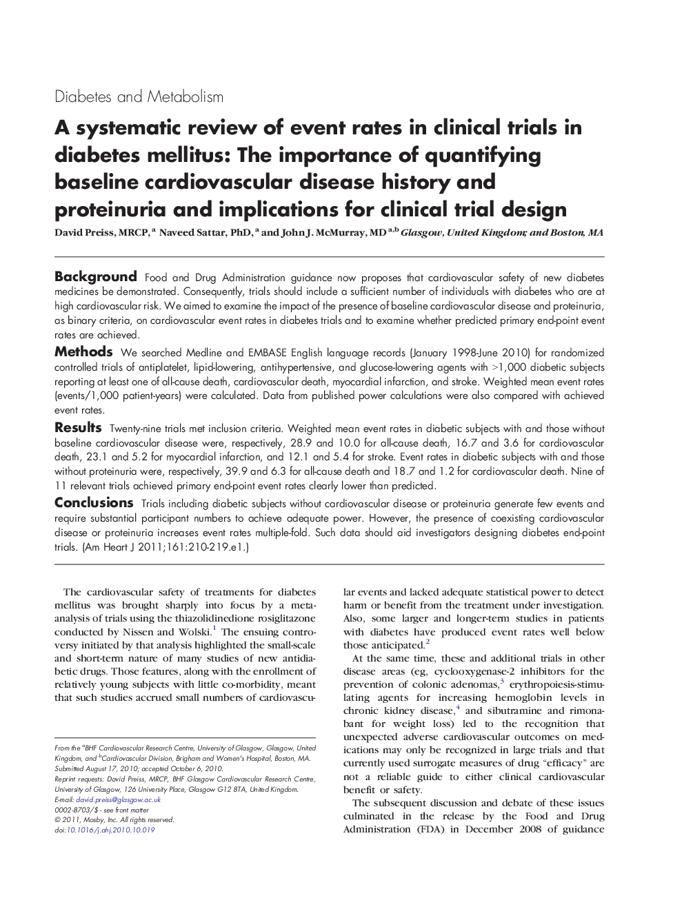 A systematic review of event rates in clinical trials in diabetes mellitus: The importance of quantifying baseline cardiovascular disease history and proteinuria and implications for clinical trial design