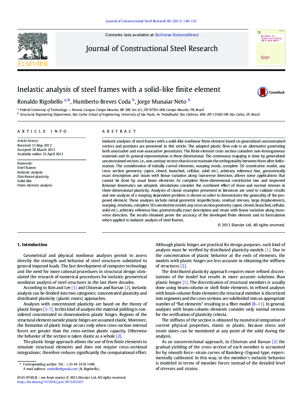 Inelastic analysis of steel frames with a solid-like finite element