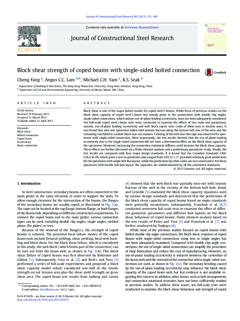 Block shear strength of coped beams with single-sided bolted connection