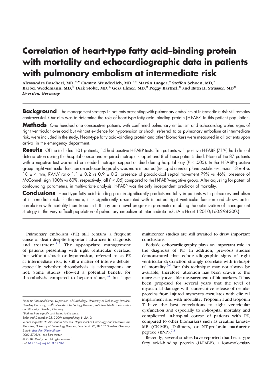 Correlation of heart-type fatty acid–binding protein with mortality and echocardiographic data in patients with pulmonary embolism at intermediate risk