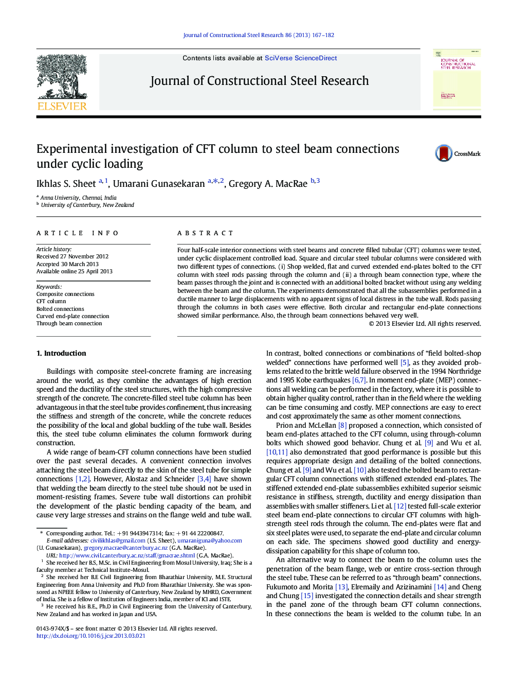 Experimental investigation of CFT column to steel beam connections under cyclic loading